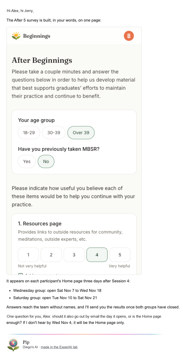 Pip's email to the team, the survey inside