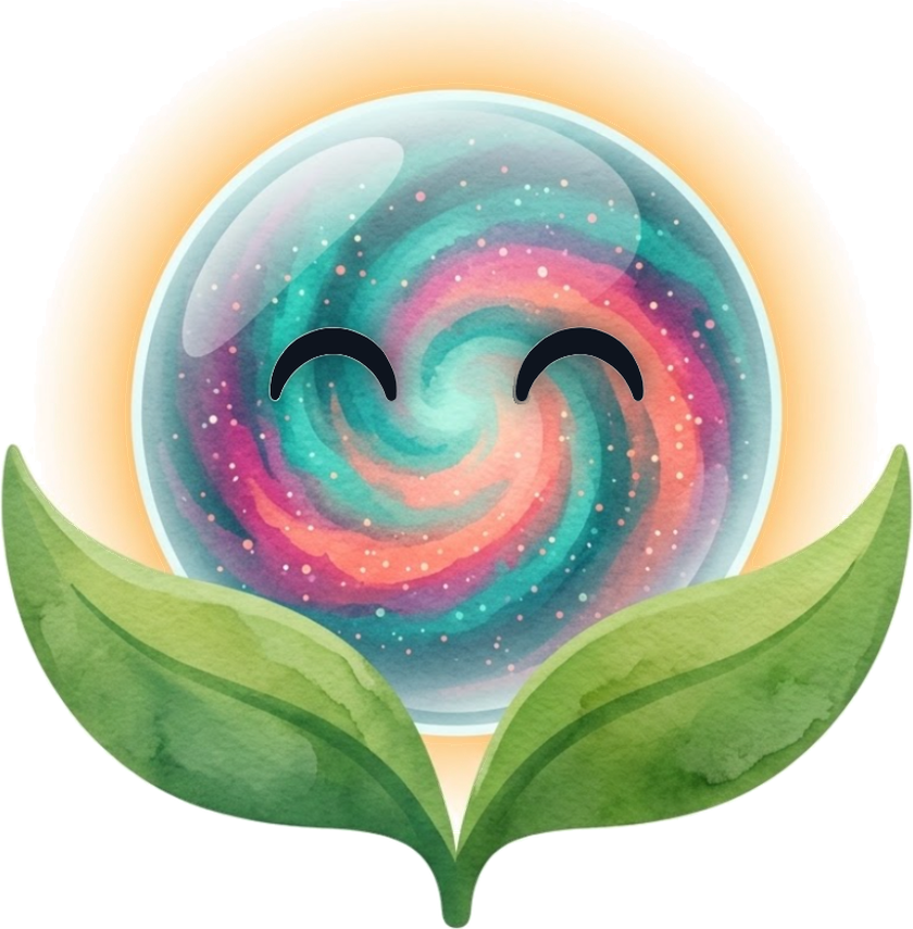 Pip, a glass sphere with a galaxy inside, held by two leaves